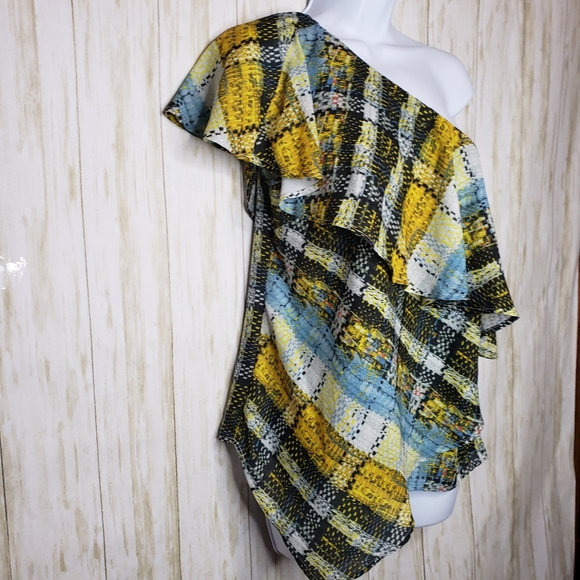 Project Runway Top Asymmetrical One Shoulder Plaid Yellow Black Size Small NWT - Picture 6 of 13